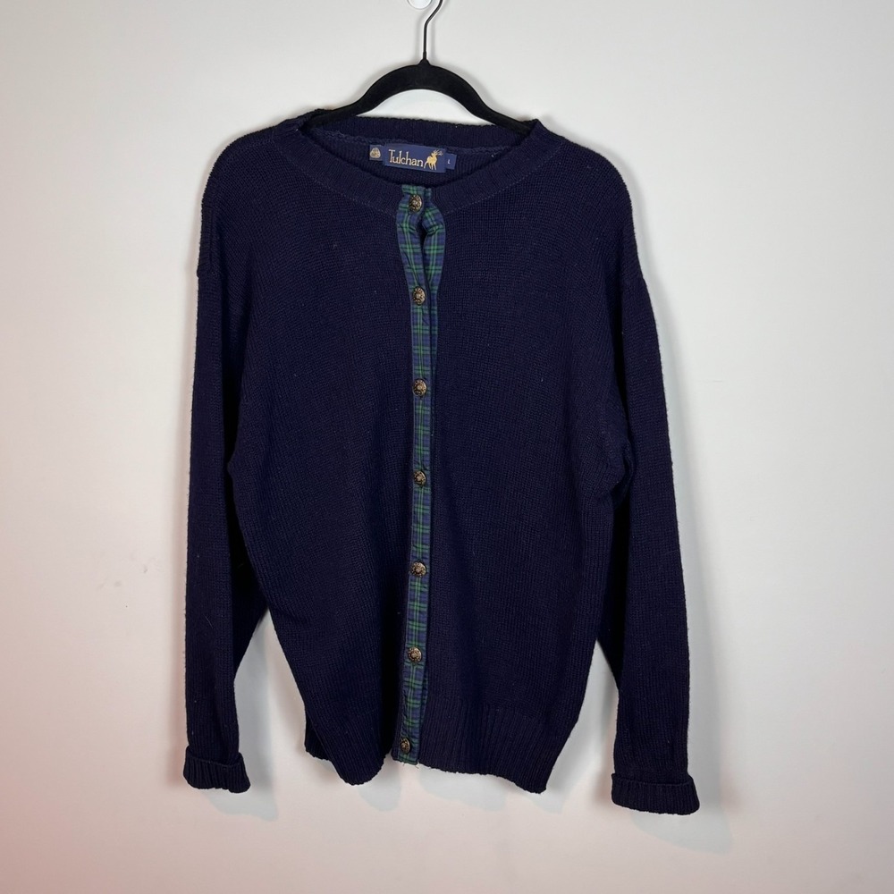 VTG Tulchan Womens Navy Blue 100% Pure New Wool‎ Plaid Detail Button Cardigan LG
